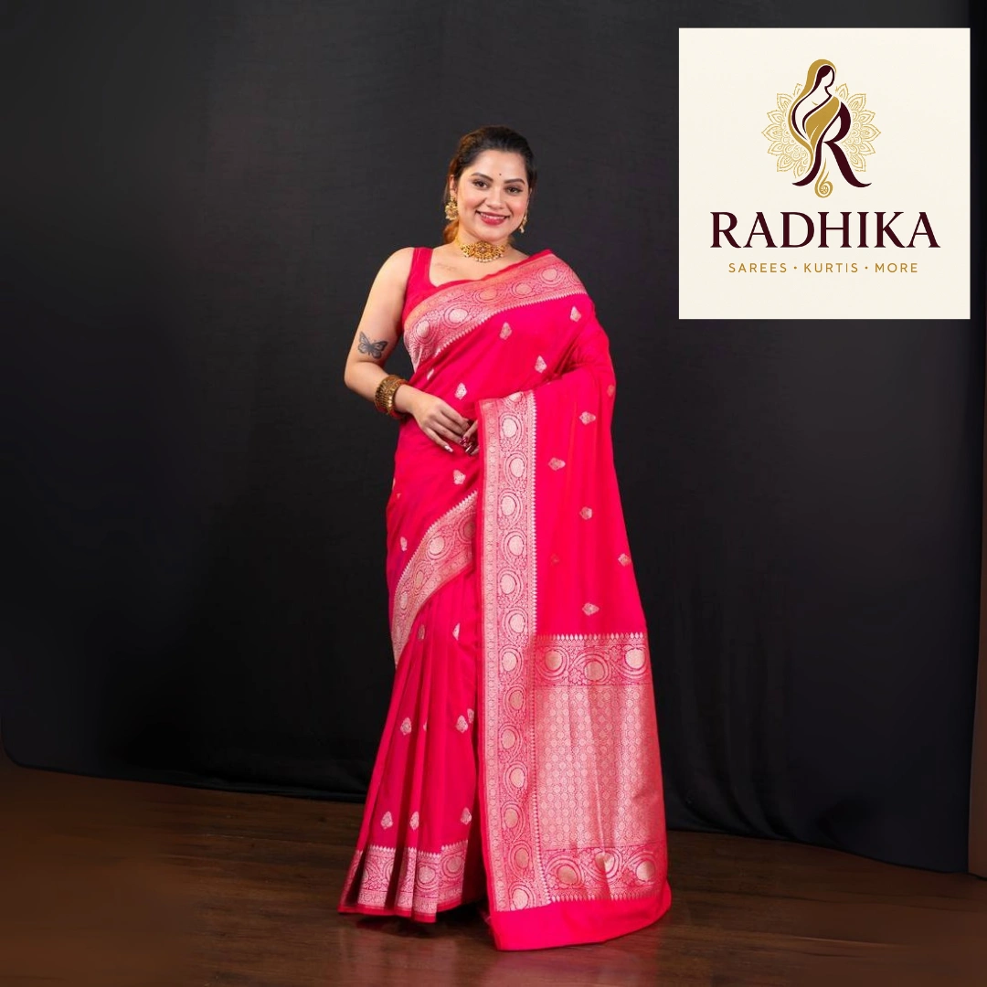 Pink pure banarasi katan silk saree with silver zari booti and border pallu