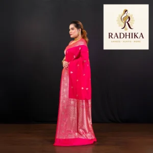 Pink pure banarasi katan silk saree with silver zari booti and border pallu