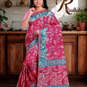 Pink Screen Print Cotton Saree with Blue Floral Pallu & Border
