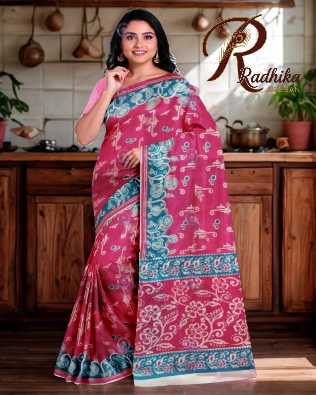 Pink Screen Print Cotton Saree with Blue Floral Pallu & Border