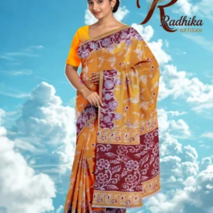 Pink Screen Print Cotton Saree with Blue Floral Pallu & Border