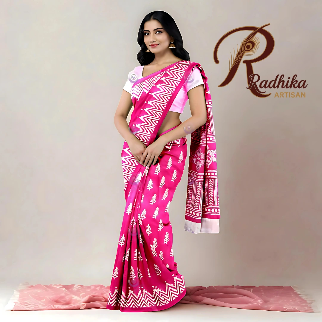 Radhika Artisan Signature Cotton Saree Collection – White Motif & Zigzag Border (Pink | Red | Blue | Brown) - Image 4
