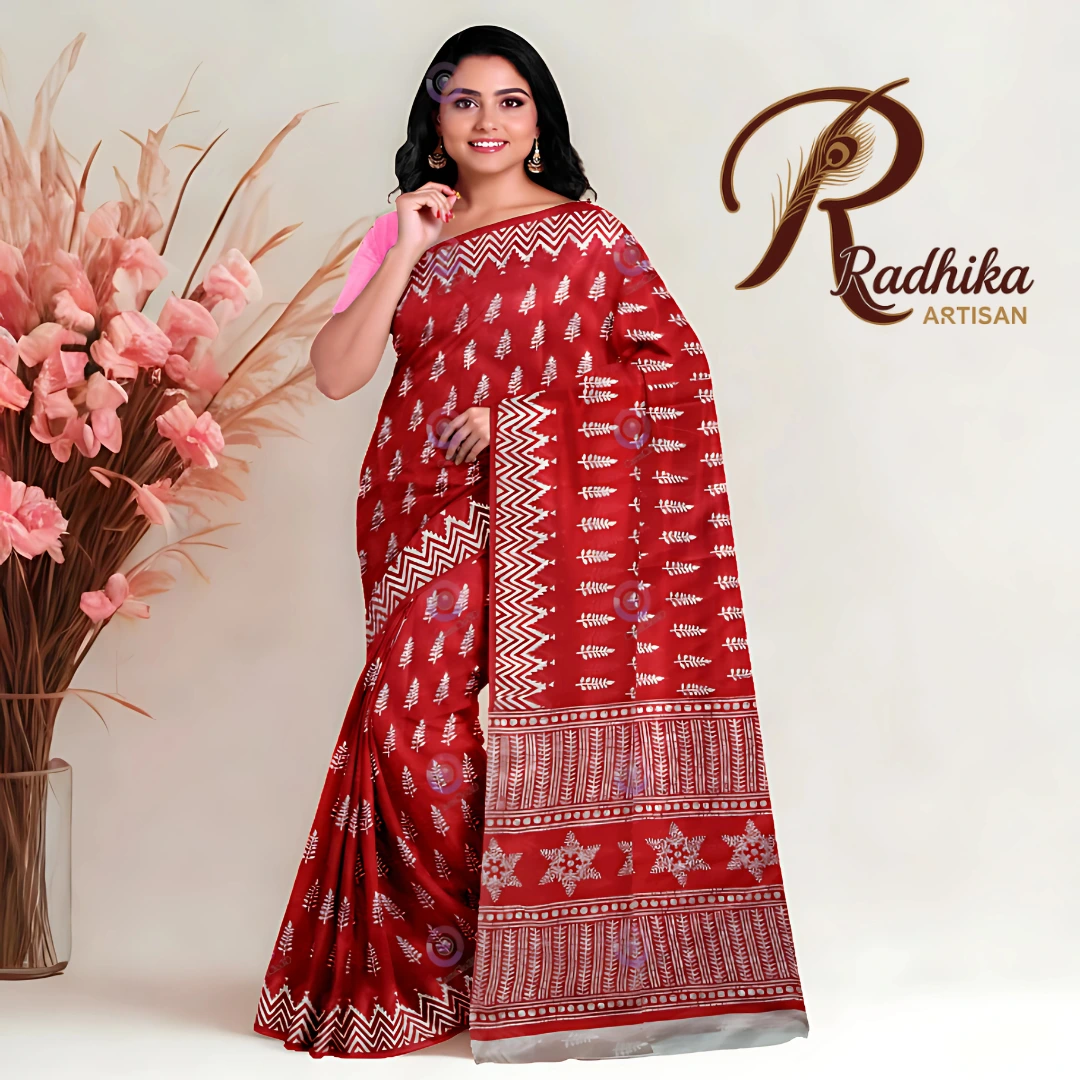 Radhika Artisan Signature Cotton Saree Collection – White Motif & Zigzag Border (Pink | Red | Blue | Brown) - Image 3