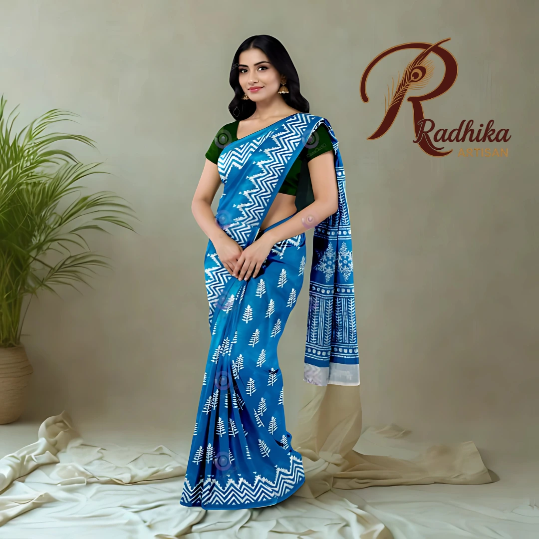 Radhika Artisan Signature Cotton Saree Collection – White Motif & Zigzag Border (Pink | Red | Blue | Brown)