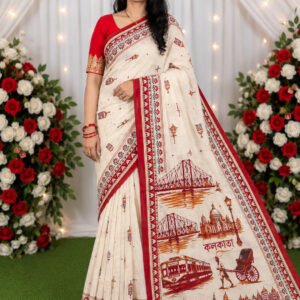 Radhika Artisan Kolkata Heritage Printed Cotton Saree – Black Border