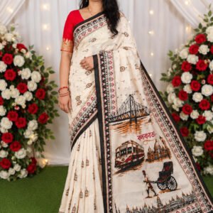 Radhika Artisan Kolkata Heritage Printed Cotton Saree – Black Border