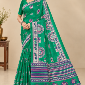 Radhika Artisan Women’s Floral Printed Cotton Saree with Traditional Border